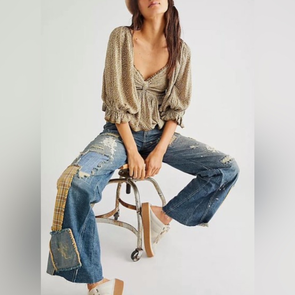 Free People Brittnee Print Smocked Peplum Top
